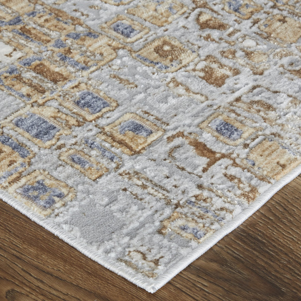 2' X 3' Tan Ivory And Blue Geometric Power Loom Distressed Area Rug