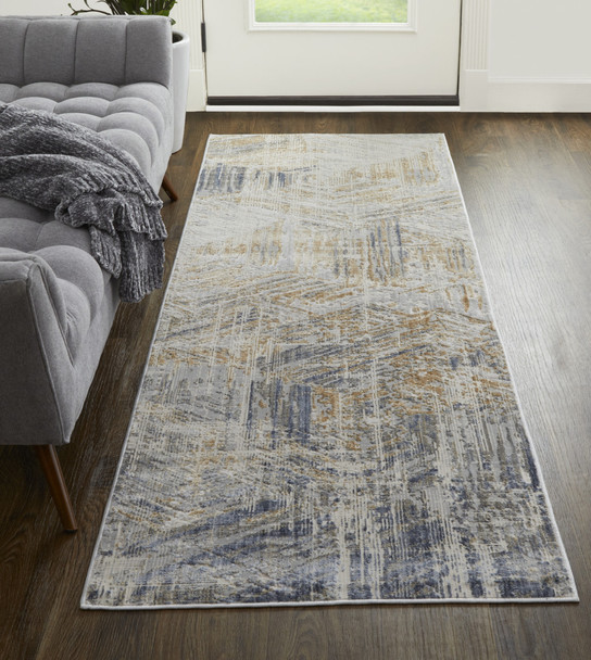 10' Tan Ivory And Gray Abstract Power Loom Distressed Runner Rug