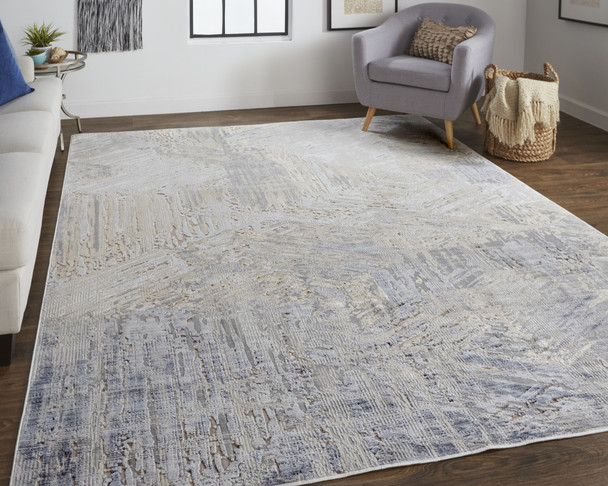 12' X 15' Tan Ivory And Gray Abstract Power Loom Distressed Area Rug