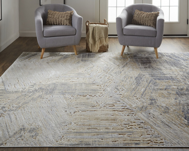 12' X 15' Tan Ivory And Gray Abstract Power Loom Distressed Area Rug