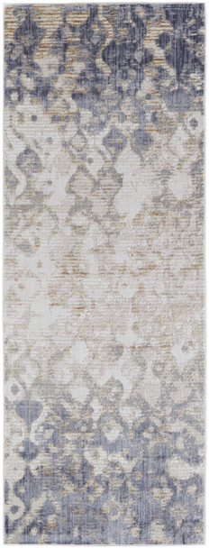 8' Tan Ivory And Blue Abstract Power Loom Distressed Runner Rug