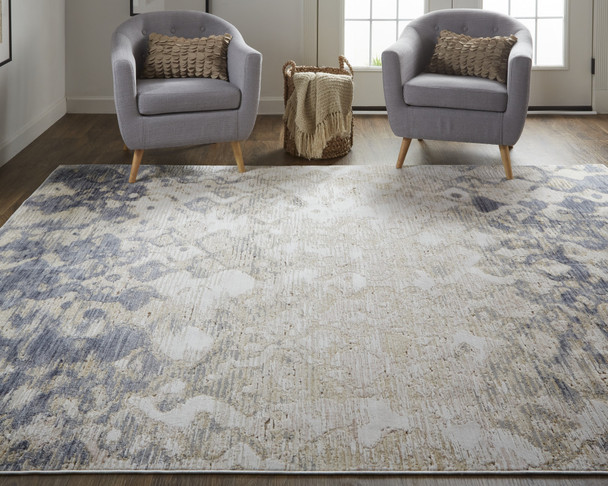 12' X 15' Tan Ivory And Blue Abstract Power Loom Distressed Area Rug