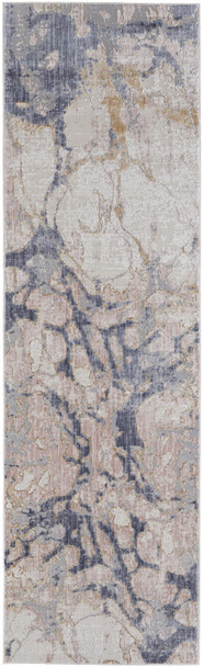 10' Tan And Blue Abstract Power Loom Distressed Runner Rug