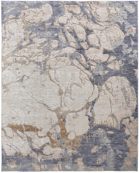 12' X 15' Tan And Blue Abstract Power Loom Distressed Area Rug