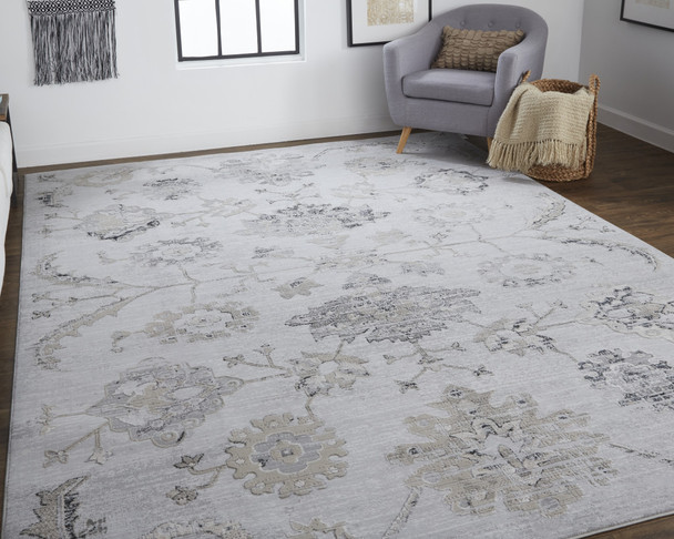 10' X 13' Silver And Black Floral Power Loom Distressed Area Rug