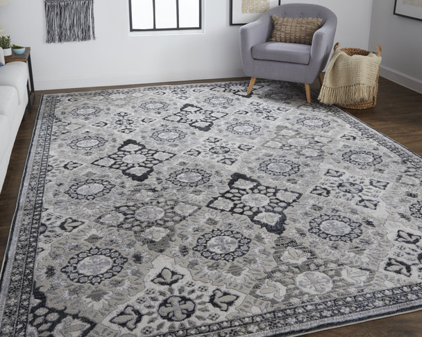 12' X 15' Gray And Black Floral Power Loom Area Rug