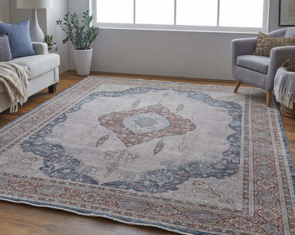 10' X 13' Gray Red And Blue Floral Power Loom Stain Resistant Area Rug
