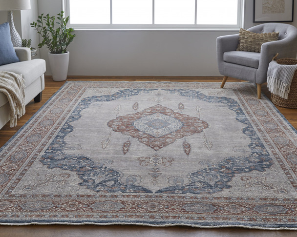 10' X 13' Gray Red And Blue Floral Power Loom Stain Resistant Area Rug