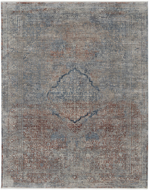 7' X 10' Blue Red And Gray Floral Power Loom Stain Resistant Area Rug