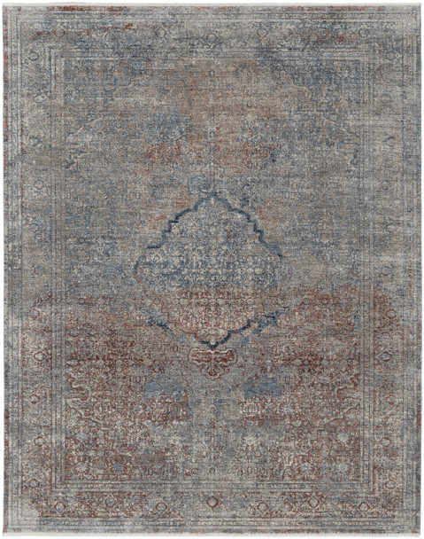 8' X 10' Blue Red And Gray Floral Power Loom Stain Resistant Area Rug