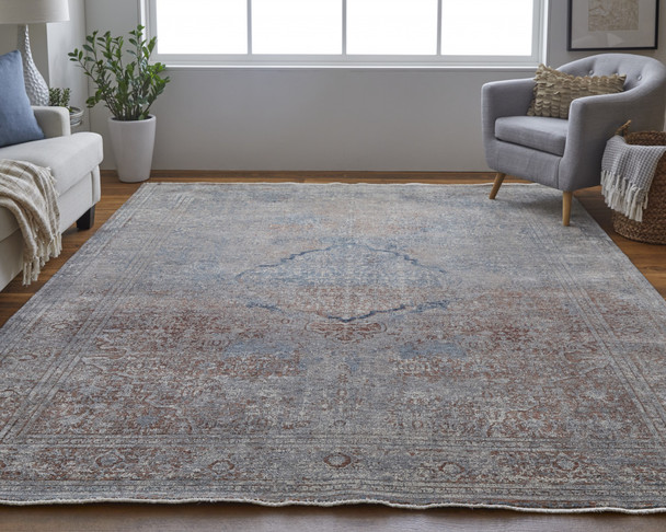 8' X 10' Blue Red And Gray Floral Power Loom Stain Resistant Area Rug