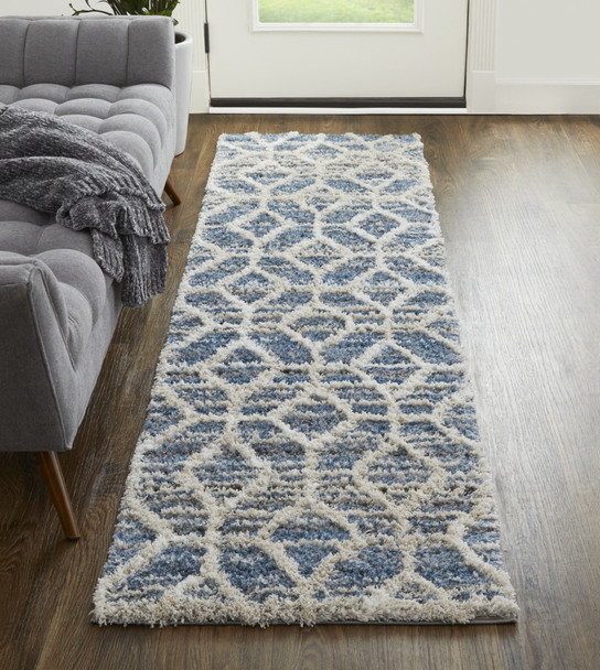 8' Blue And Ivory Geometric Power Loom Stain Resistant Runner Rug