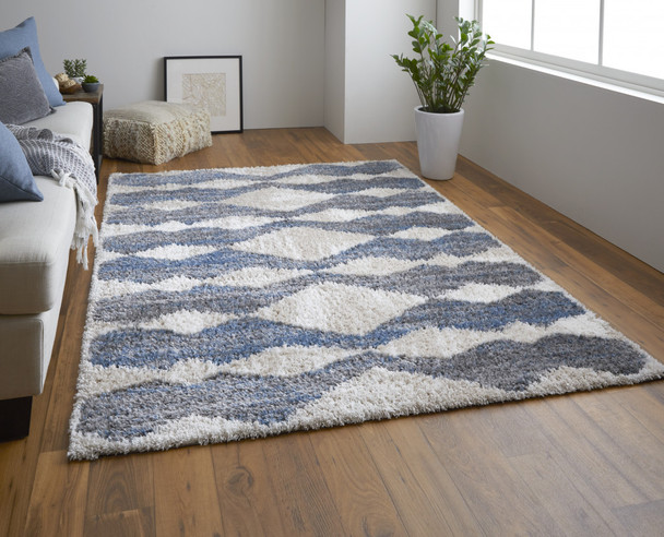 8' X 10' Ivory Gray And Blue Chevron Power Loom Stain Resistant Area Rug