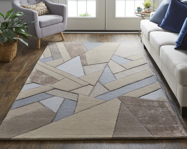 12' X 15' Tan Brown And Blue Wool Geometric Tufted Handmade Area Rug