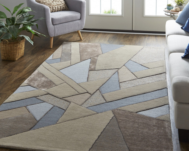 2' X 3' Tan Brown And Blue Wool Geometric Tufted Handmade Area Rug