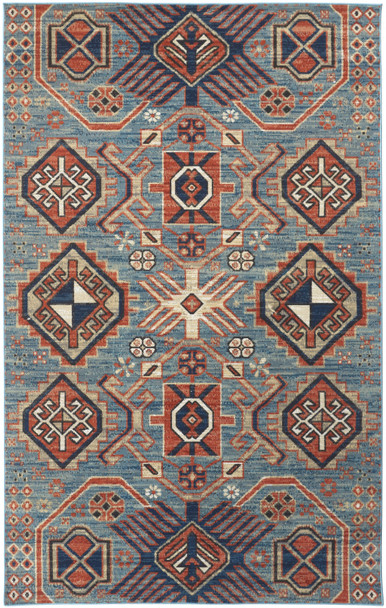 7' X 10' Blue Red And Tan Abstract Power Loom Distressed Stain Resistant Area Rug