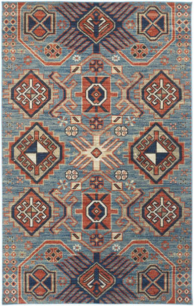 10' X 13' Blue Red And Tan Abstract Power Loom Distressed Stain Resistant Area Rug