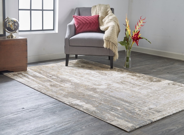 5' X 8' Tan Ivory And Gray Abstract Area Rug