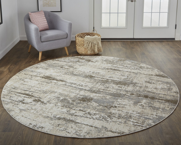 8' Ivory And Brown Round Abstract Area Rug