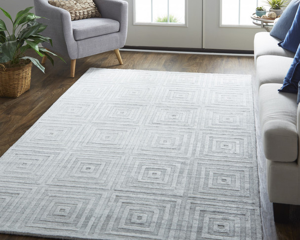 10' X 14' White And Silver Striped Hand Woven Area Rug