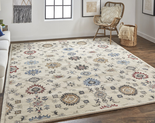 4' X 6' Ivory Blue And Tan Wool Floral Tufted Handmade Stain Resistant Area Rug