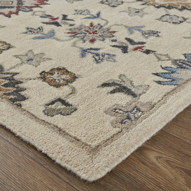 4' X 6' Ivory Blue And Tan Wool Floral Tufted Handmade Stain Resistant Area Rug