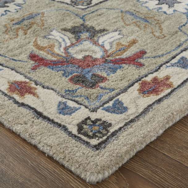 2' X 3' Ivory Taupe And Blue Wool Floral Tufted Handmade Stain Resistant Area Rug