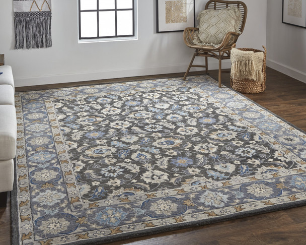 5' X 8' Taupe Blue And Ivory Wool Floral Tufted Handmade Stain Resistant Area Rug