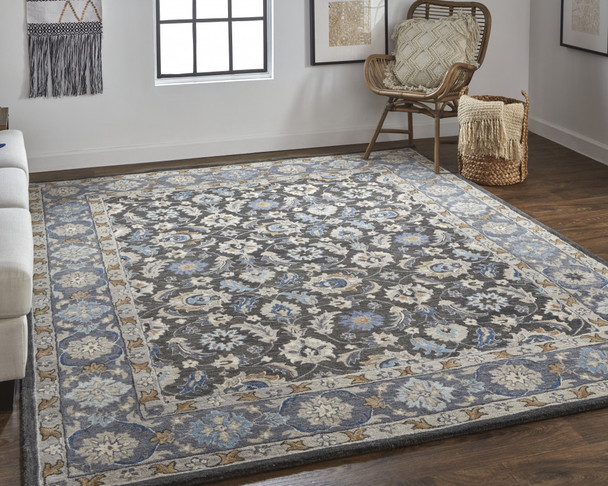 10' X 14' Taupe Blue And Ivory Wool Floral Tufted Handmade Stain Resistant Area Rug