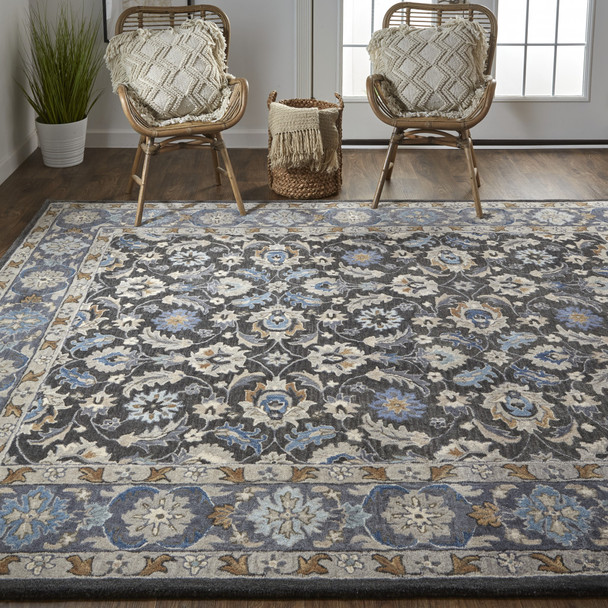 10' X 14' Taupe Blue And Ivory Wool Floral Tufted Handmade Stain Resistant Area Rug