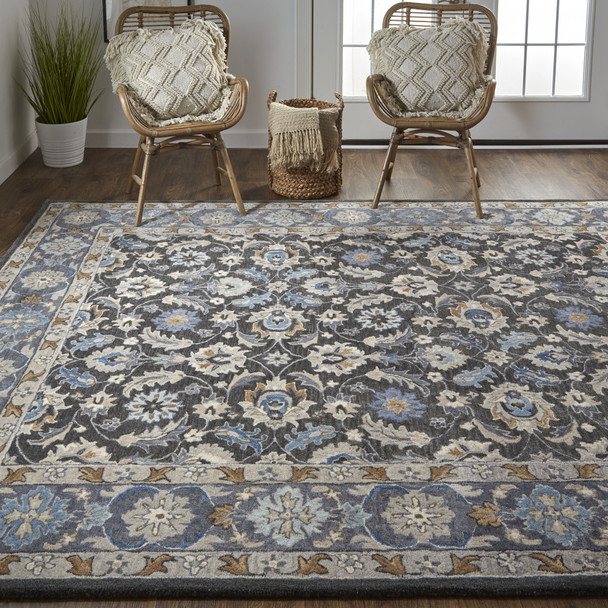 2' X 3' Taupe Blue And Ivory Wool Floral Tufted Handmade Stain Resistant Area Rug