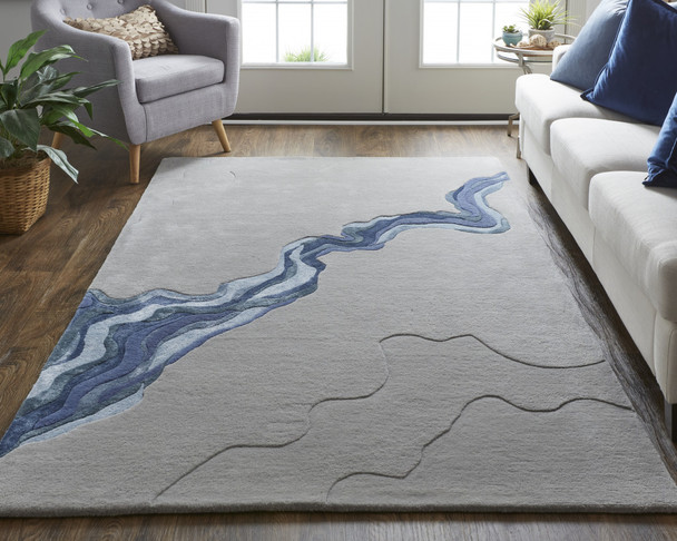2' X 3' Gray And Blue Wool Abstract Tufted Handmade Area Rug
