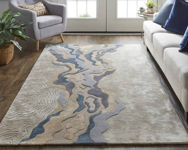 10' X 14' Tan Brown And Blue Wool Abstract Tufted Handmade Area Rug