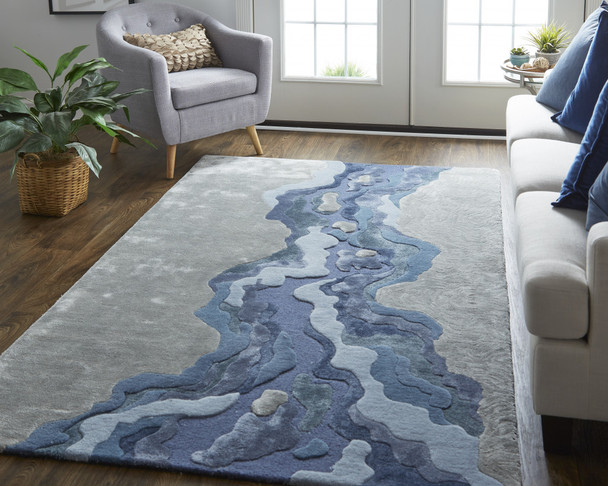 8' X 10' Ivor Gray And Blue Wool Abstract Tufted Handmade Area Rug