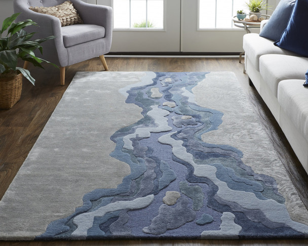 9' X 12' Ivor Gray And Blue Wool Abstract Tufted Handmade Area Rug