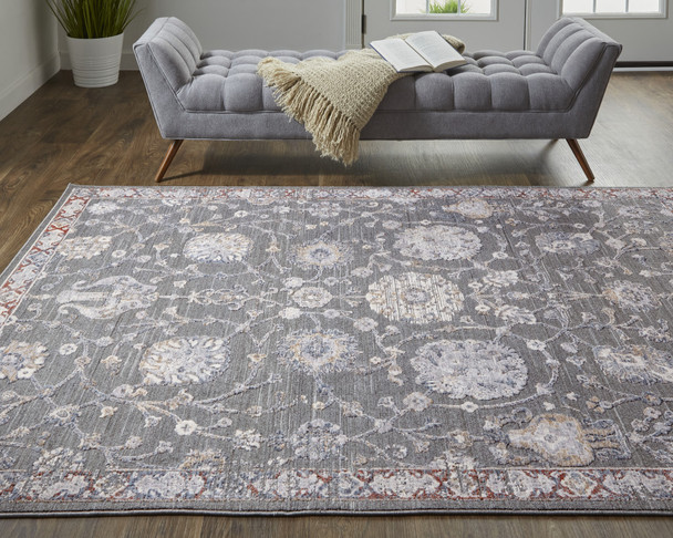 9' X 13' Gray Ivory And Red Floral Power Loom Area Rug