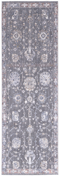 8' Gray Ivory And Red Floral Power Loom Runner Rug