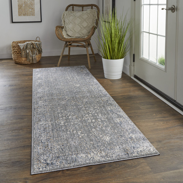 8' Taupe Gray And Orange Floral Power Loom Runner Rug