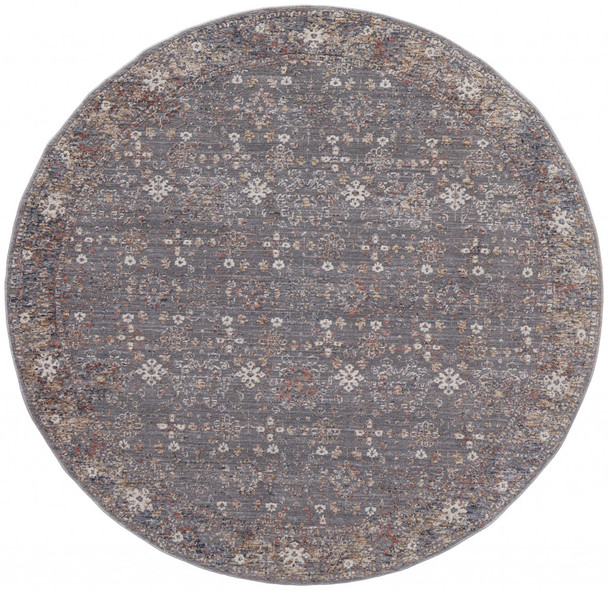6' Gray Pink And Red Round Floral Power Loom Area Rug