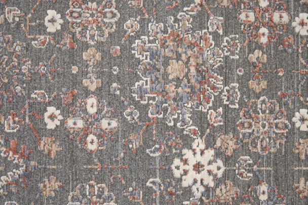 6' Gray Pink And Red Round Floral Power Loom Area Rug