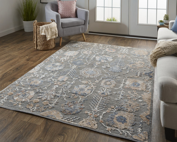 8' X 10' Gray Ivory And Tan Floral Power Loom Area Rug