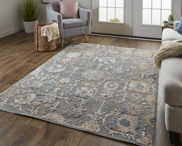 9' X 13' Gray Ivory And Tan Floral Power Loom Area Rug