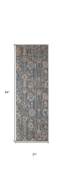 8' Gray Ivory And Tan Floral Power Loom Runner Rug