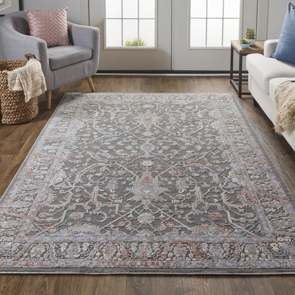 9' X 13' Gray Taupe And Pink Floral Power Loom Area Rug