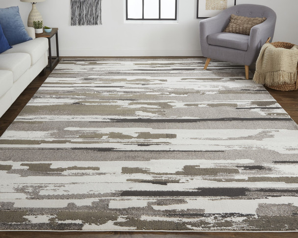 9' X 12' Brown And Ivory Abstract Power Loom Distressed Stain Resistant Area Rug