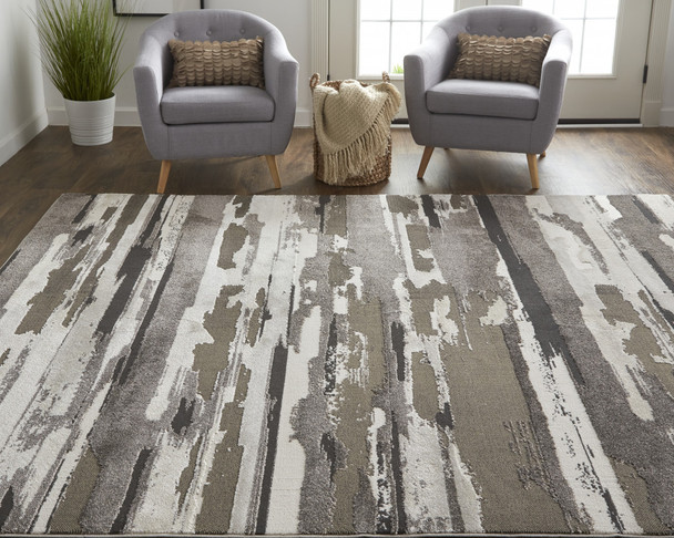 10' X 14' Brown And Ivory Abstract Power Loom Distressed Stain Resistant Area Rug