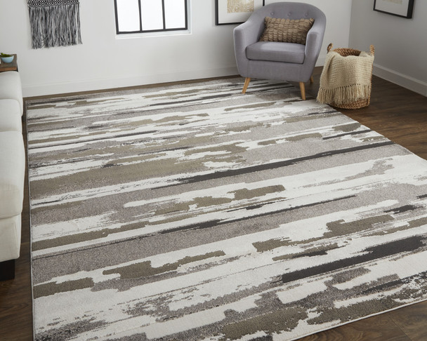 12' X 15' Brown And Ivory Abstract Power Loom Distressed Stain Resistant Area Rug