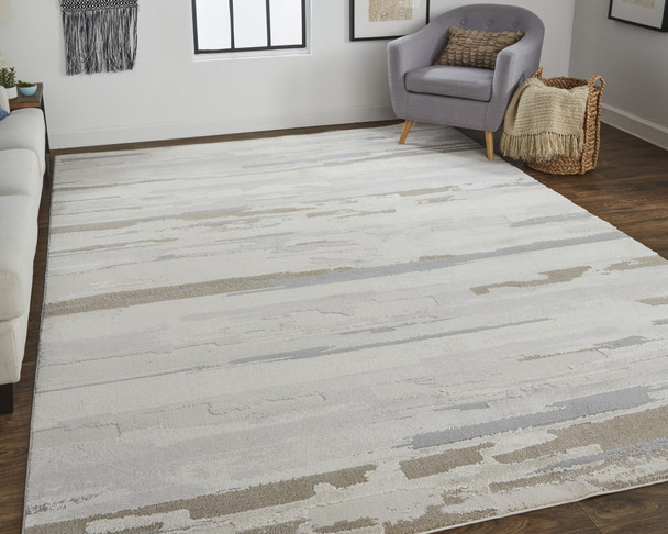 4' X 6' Ivory Tan And Brown Abstract Power Loom Distressed Stain Resistant Area Rug