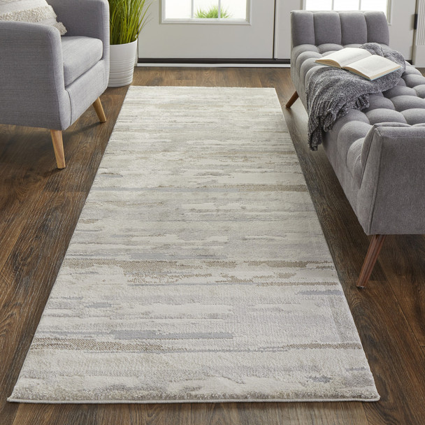 8' Ivory Tan And Brown Abstract Power Loom Distressed Stain Resistant Runner Rug