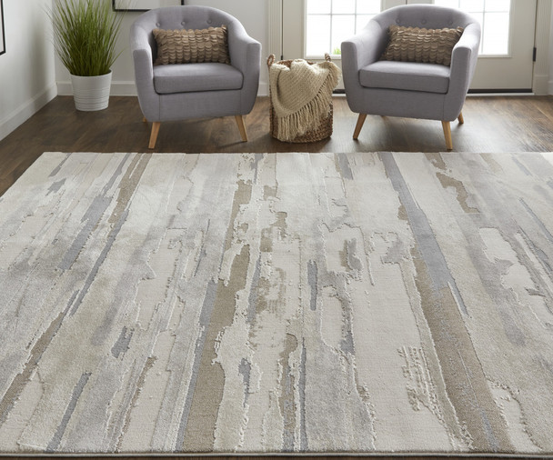 12' X 15' Ivory Tan And Brown Abstract Power Loom Distressed Stain Resistant Area Rug